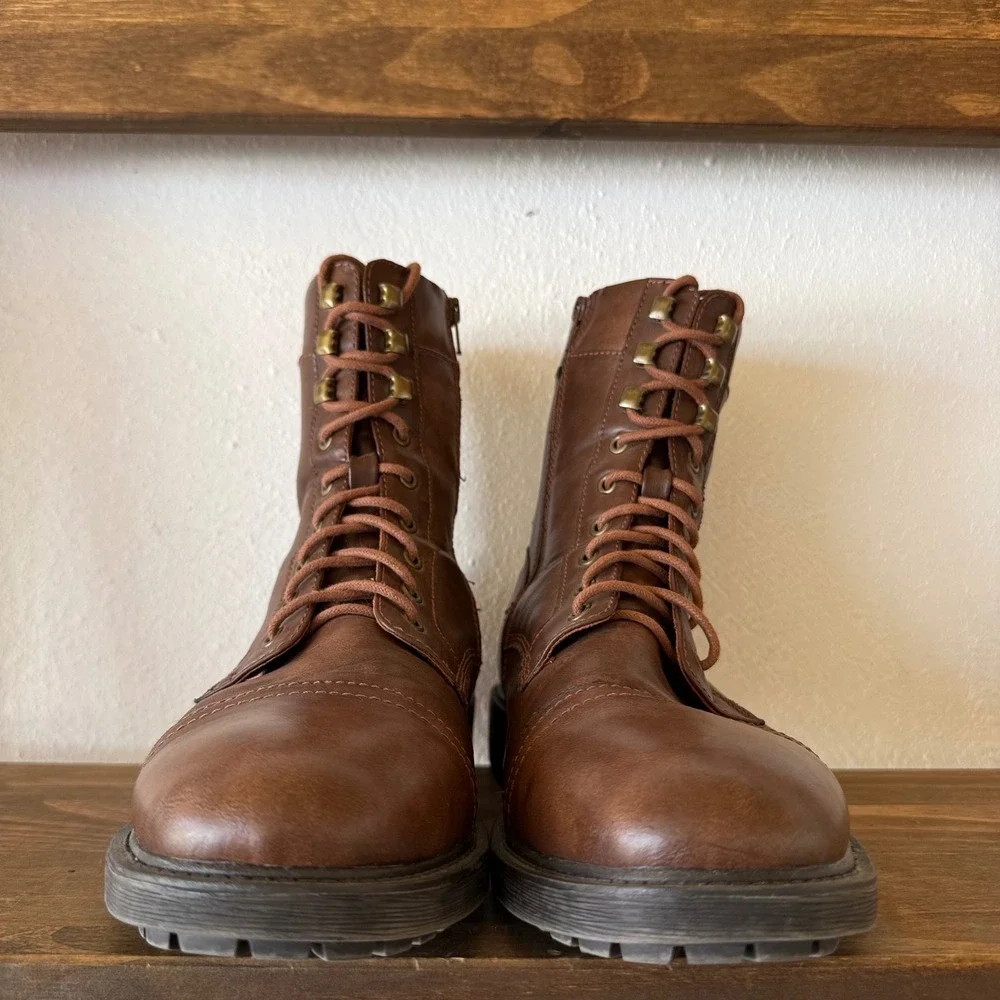 Frye & Co Kane Mens 11M Brown Combat Boots Cap Toe Lace Up Side Zip